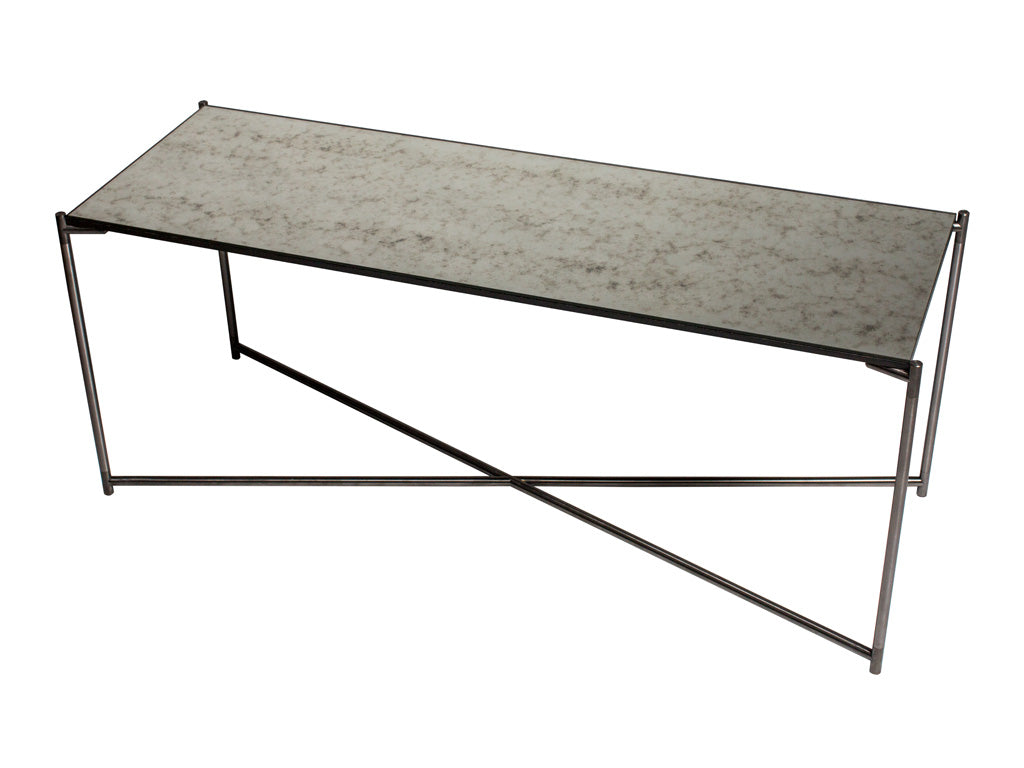 Gillmore Space Iris Large Low Console Table Antiqued Glass Top