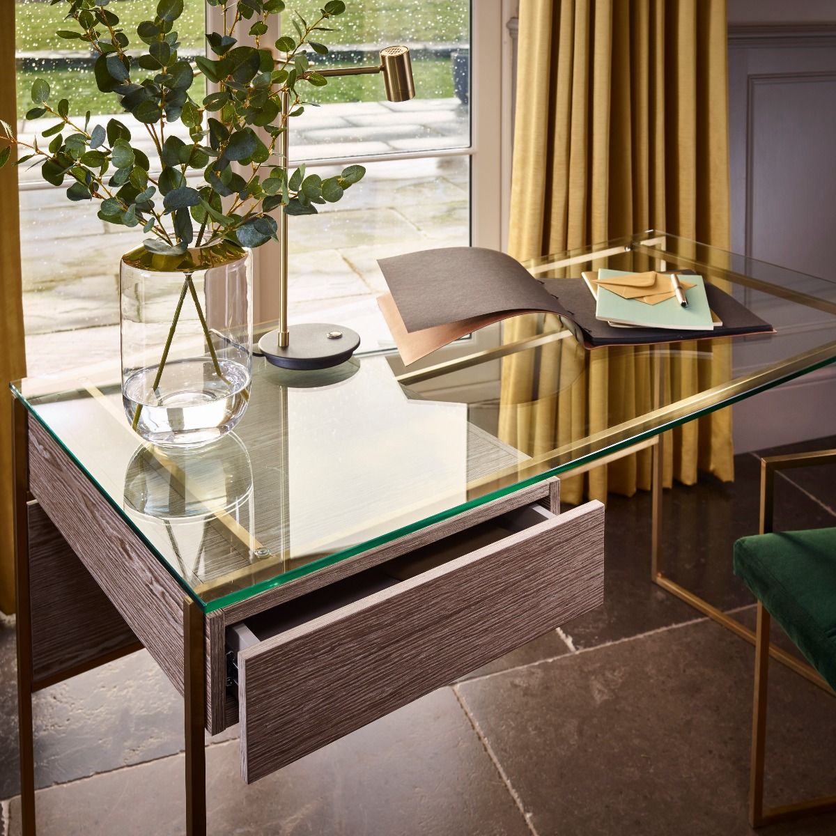 Gillmore Federico Desk Clear Glass Top, Weathered Oak Veneer Drawer & Brass Frame