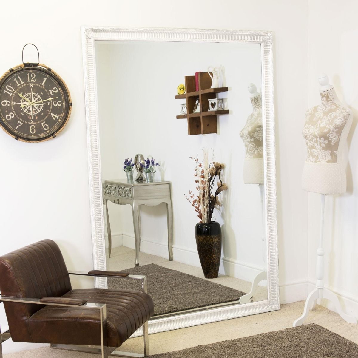 Carrington Baroque Vintage White Antique Design Large Leaner Mirror 5ft7 x 3ft7 172 x 111CM